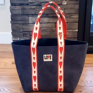 Brighton Navy Velveteen Love Tote Bag, Red/White/Hearts Nylon Handles, NWOT